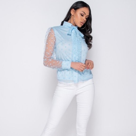 Polka Dot High Neck Long Sleeve Pussy Bow Blouse - Picture 4 of 7